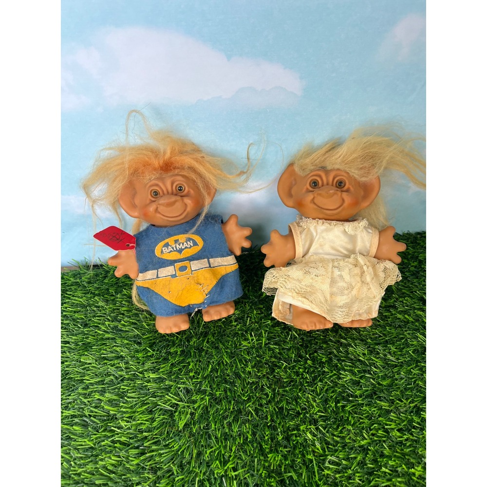 Vintage Troll Doll Lot of 2 Batman Outfit and White Lace Dress 5 Inch Wishnik